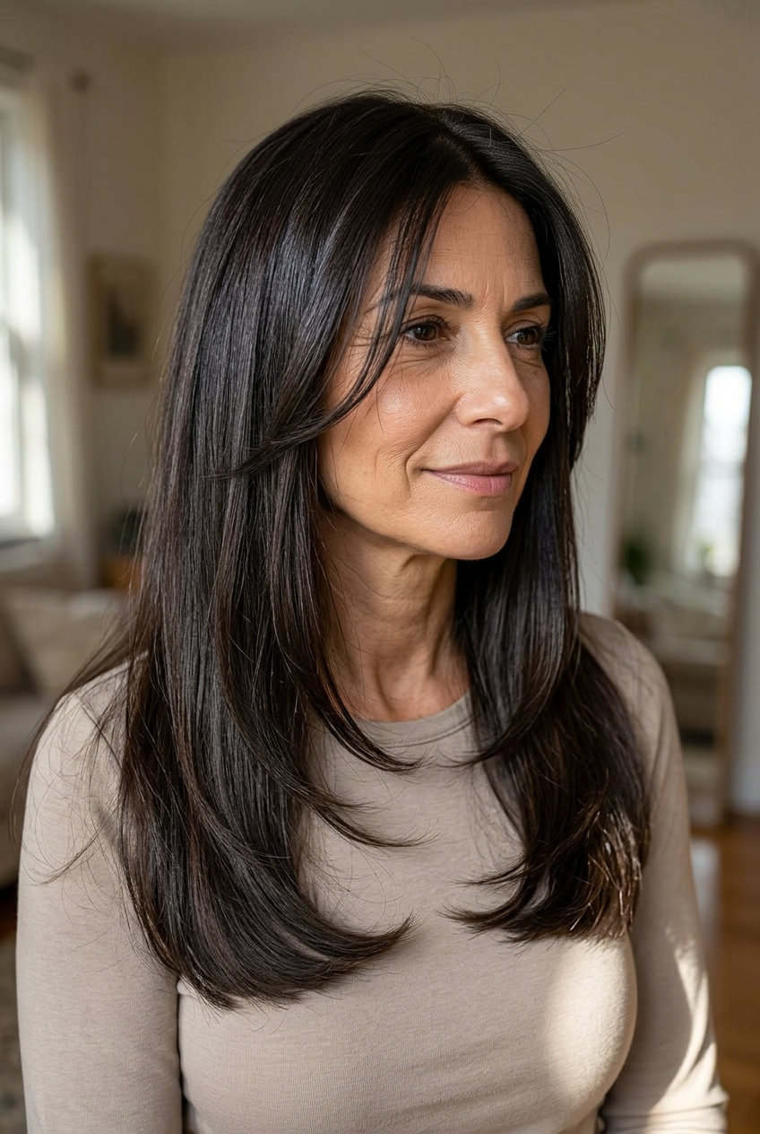 mid-back length layered haircut with deep espresso roast and ghost layers for sleek look