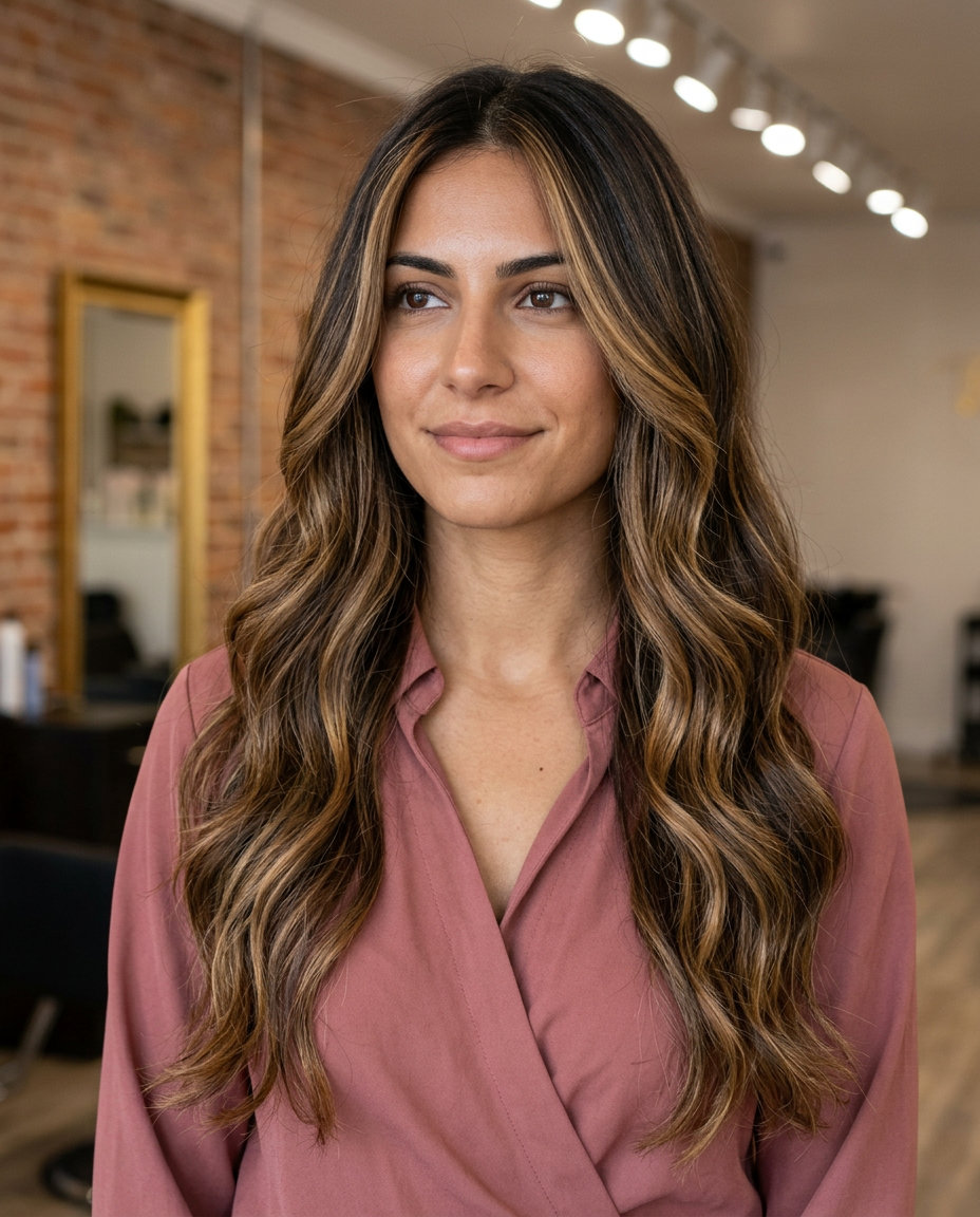 long U-shaped layered cut with honey-gold caramel balayage — glamorous