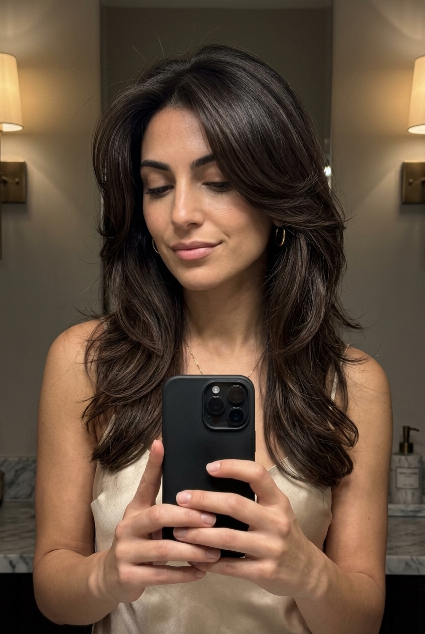 long shag haircut in deep espresso brown with mocha ribbons and high-shine finish for formal event
