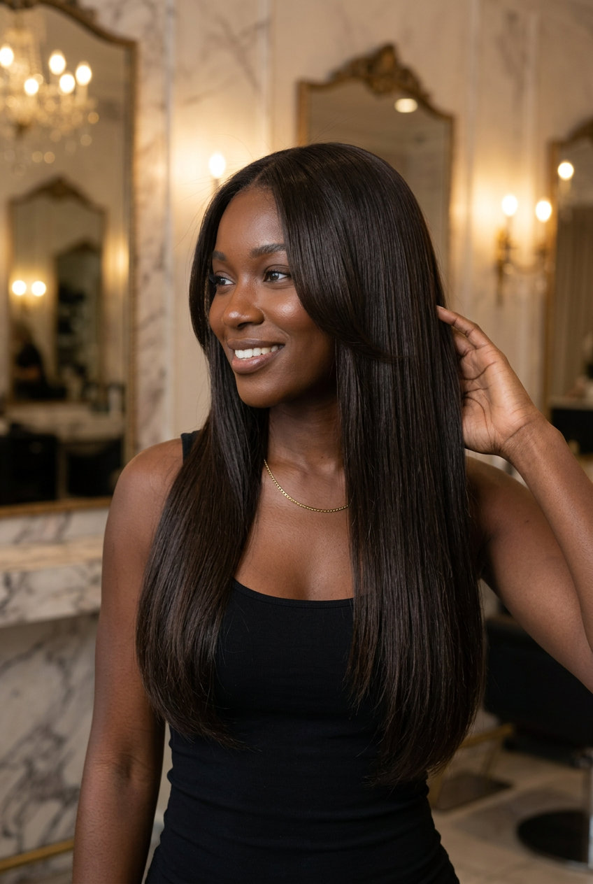 long U-shape haircut with deep espresso and cool cocoa for quiet luxury