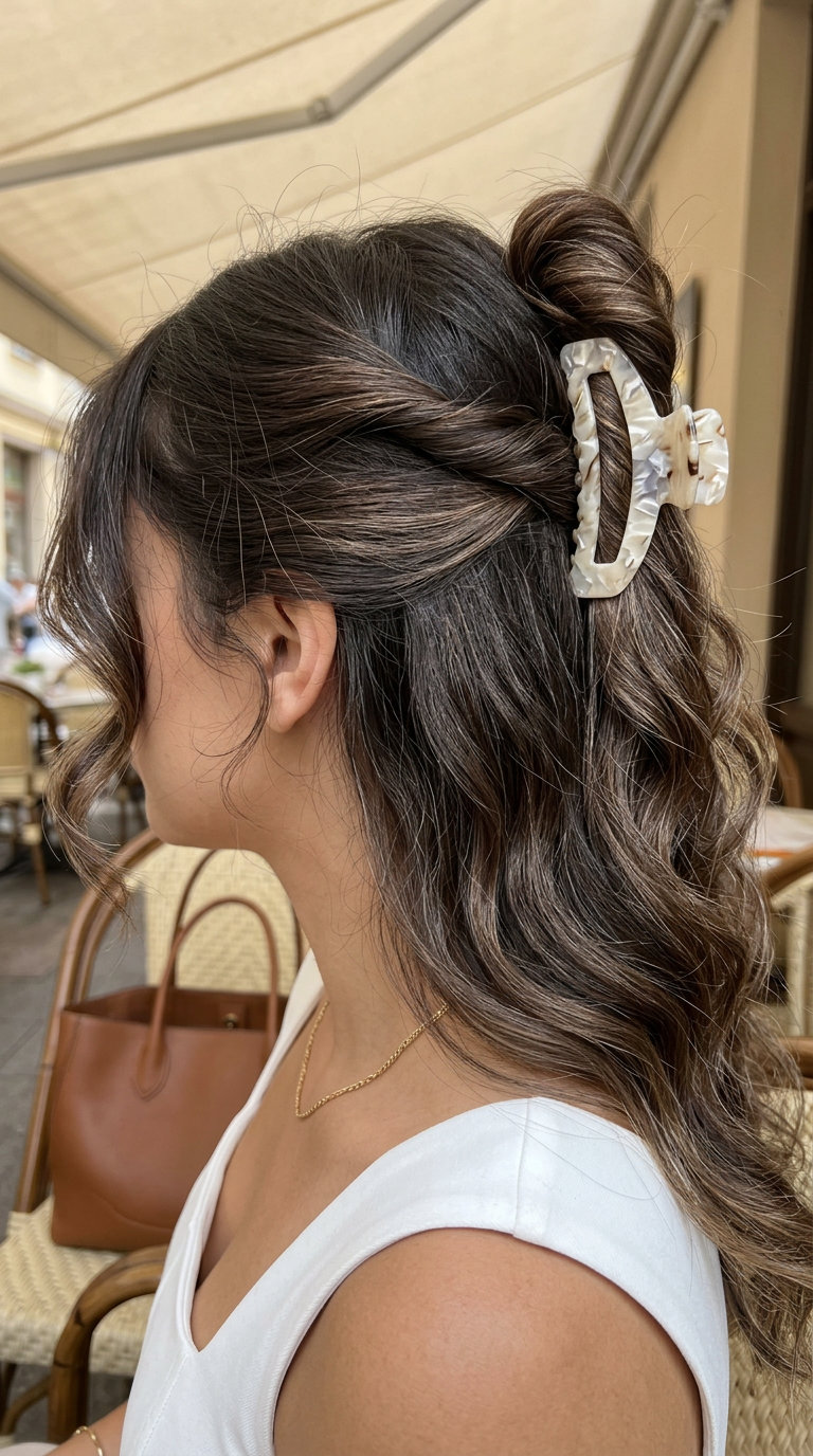 long espresso brunette wavy hairstyle with mocha undertones and iced coffee balayage, twisted updo with loose tendrils for summer