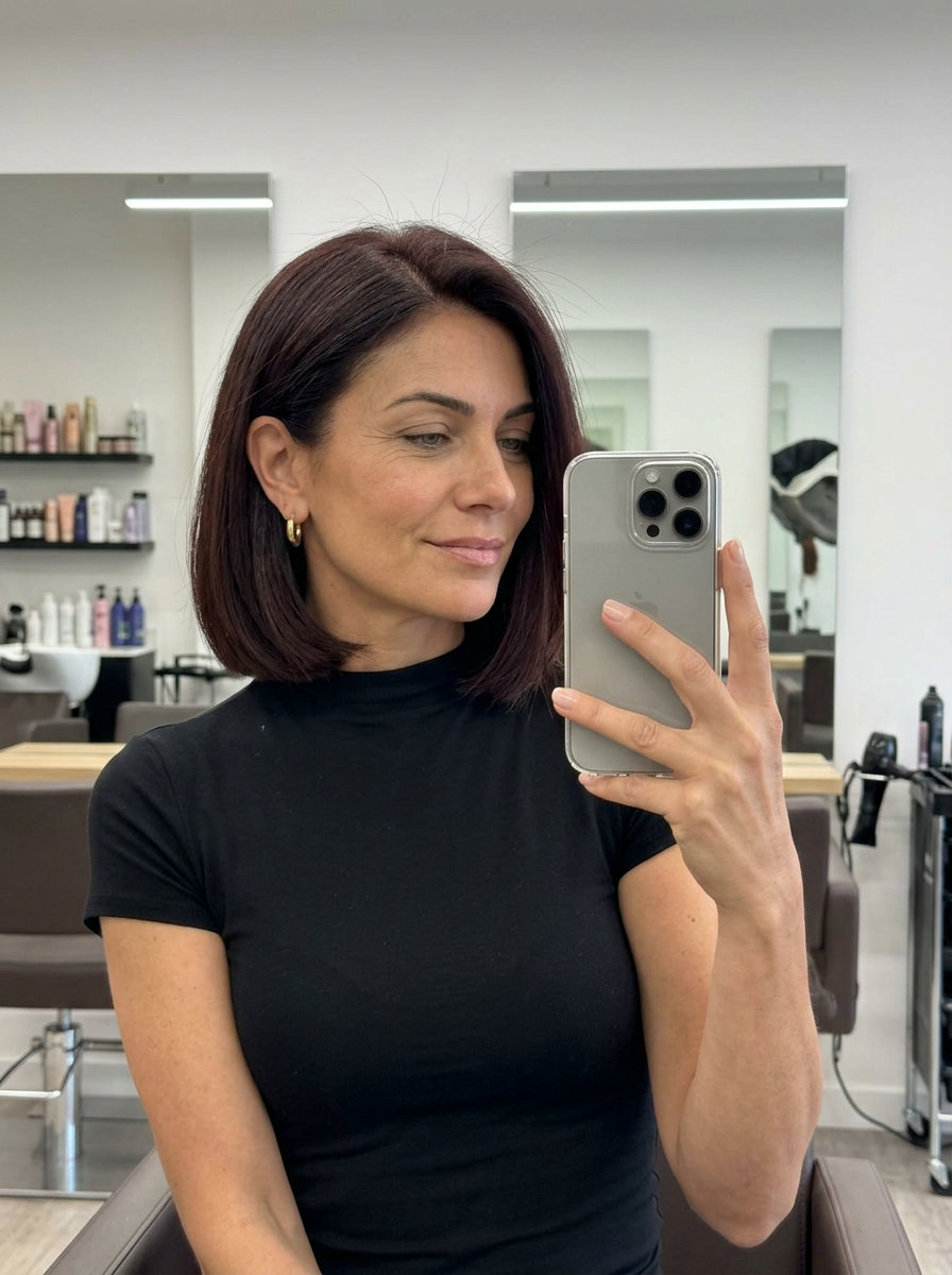 jaw-length power bob with deep espresso and cool mahogany undertone for sophisticated look