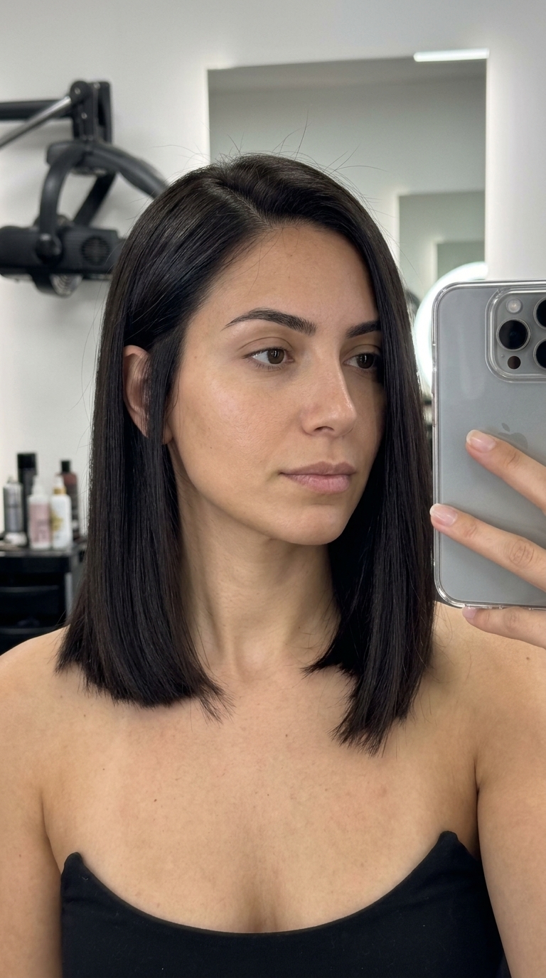 medium blunt lob haircut in espresso martini brunette, razor sharp — bold sleek