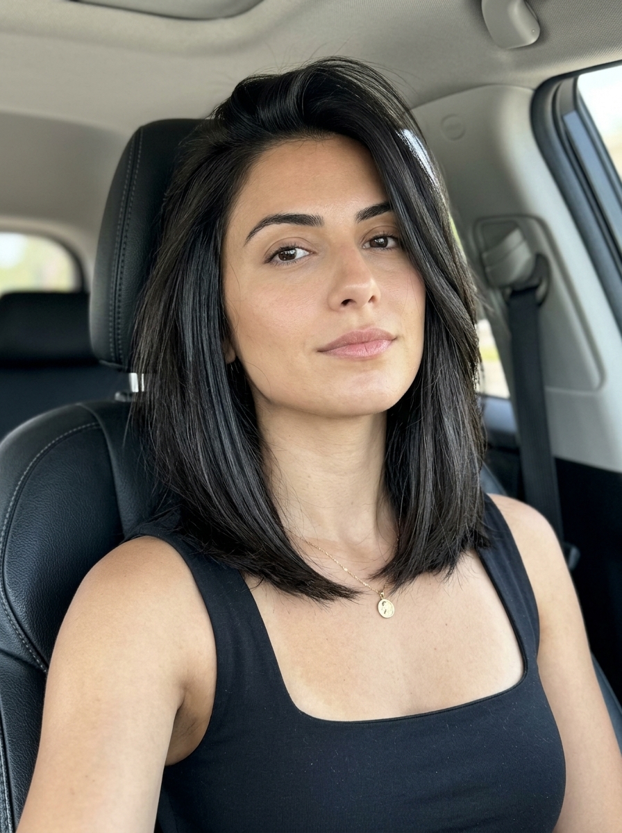 medium textured lob haircut in espresso martini brunette, internal layers — sleek modern