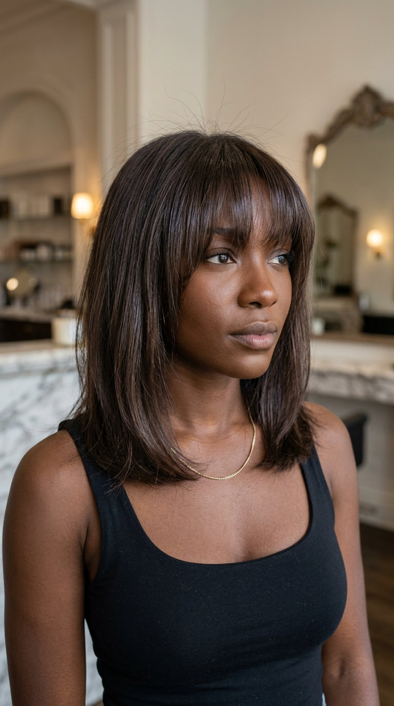 medium dimensional espresso brunette hair color with cool cocoa lowlights, demi-permanent color melt, face-framing layers — romantic date night