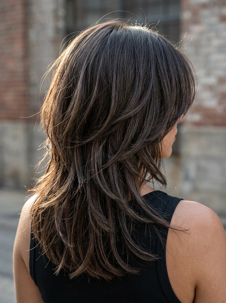 medium espresso brunette dimensional hair color with bitter chocolate internal dimension, internal balayage technique — edgy textured