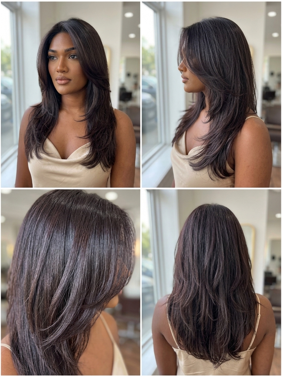 medium-long espresso butterfly haircut with violet undertones, layered cut — modern daily wear