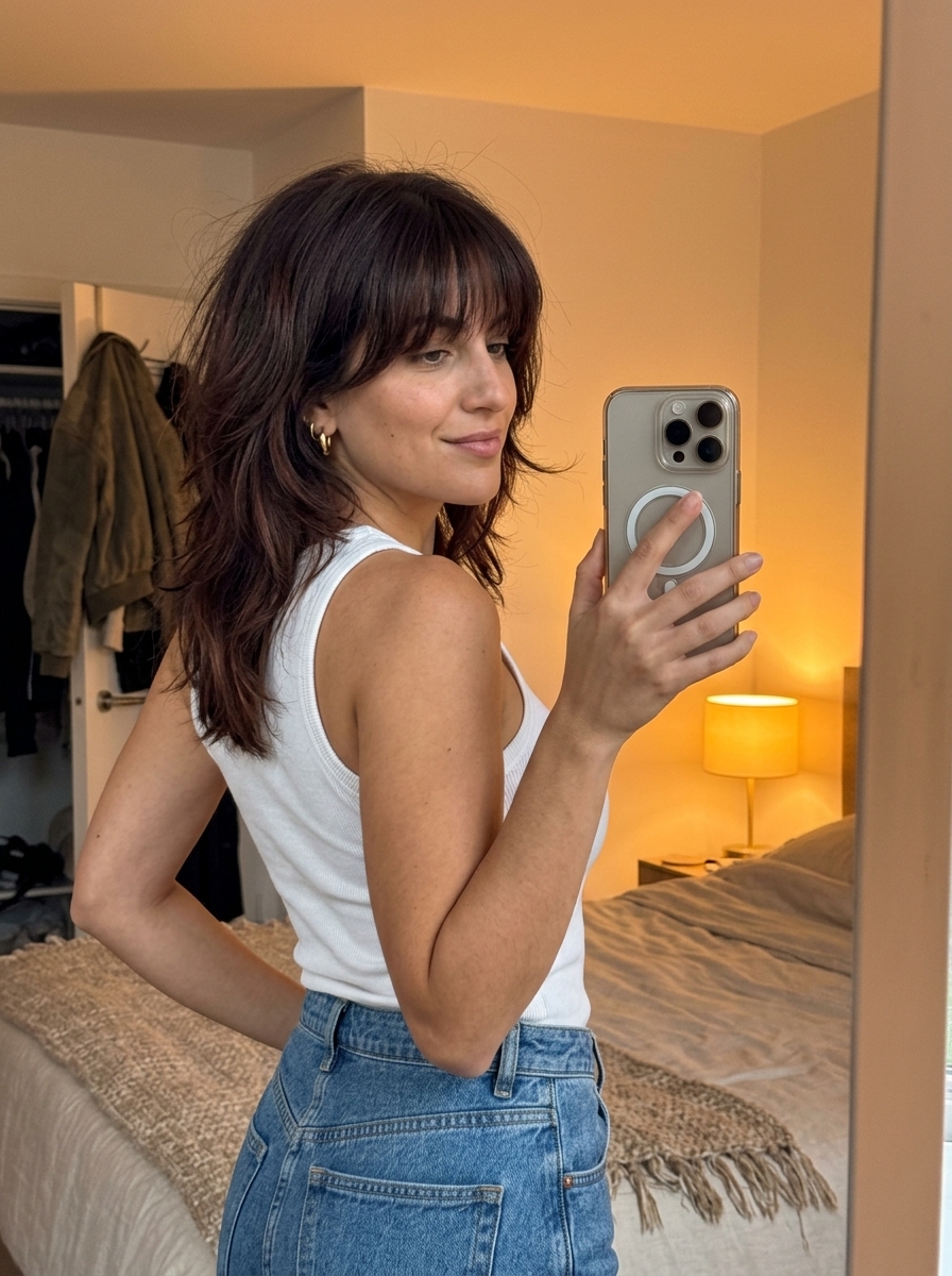 medium shag haircut in espresso brunette with auburn lowlights and fringe for summer