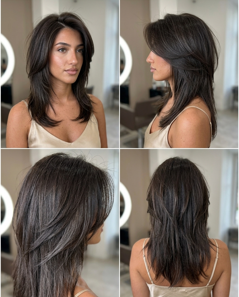medium wolf cut with espresso & ash lowlights, distinct tentacle layers, deep side part — dramatic