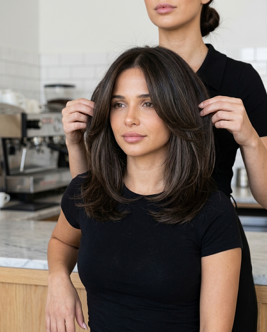 medium espresso wolf cut with ash highlights and soft layers for daily wear