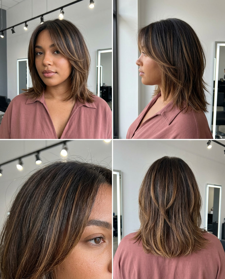 mid-length shag haircut with espresso brunette & caramel ribbons, razored ends & sweeping curtain fringe for round faces