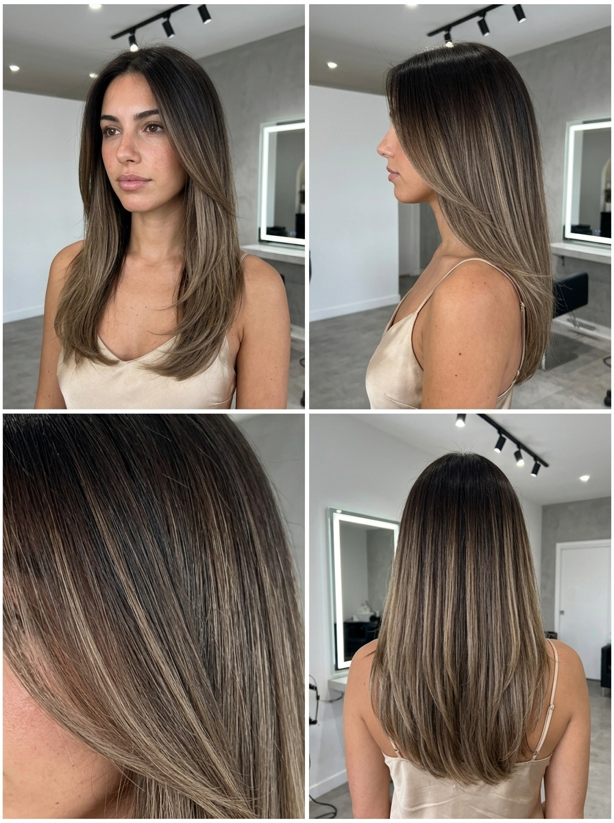 long subtly layered haircut with espresso to mushroom bronde ombré, face-framing layers — elegant sophisticated look