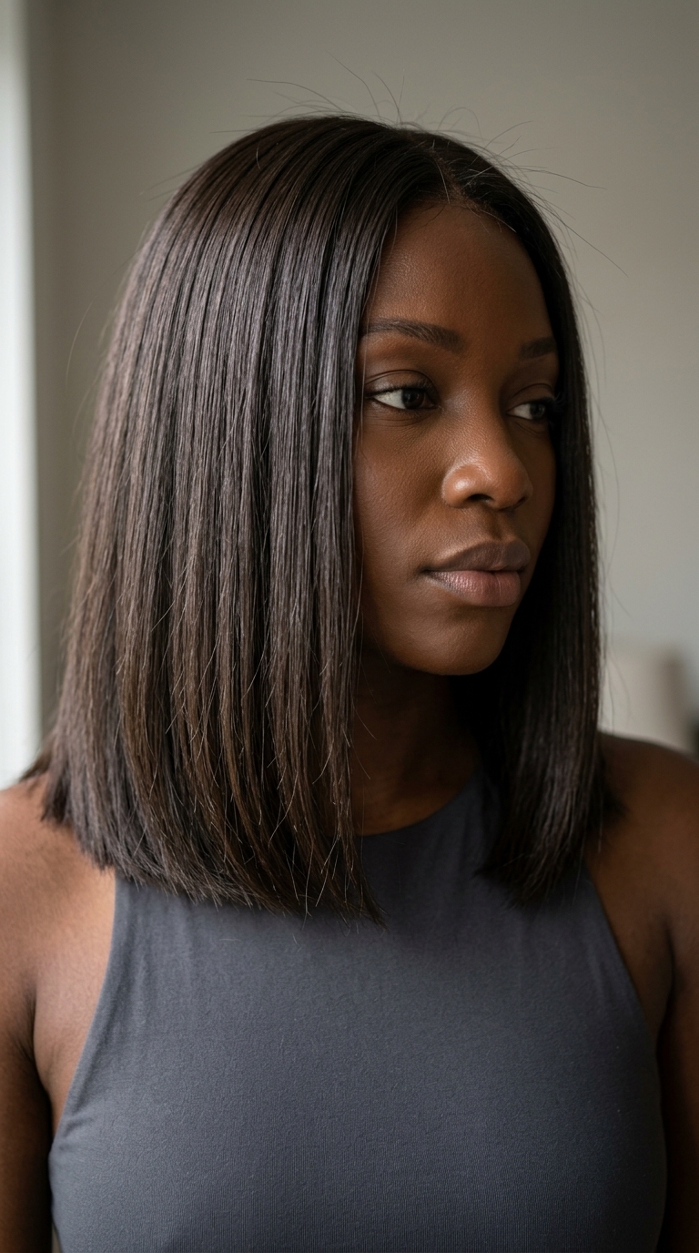 medium blunt haircut in deep espresso roast brunette, clean perimeter, below-shoulder length — elegant dark hair