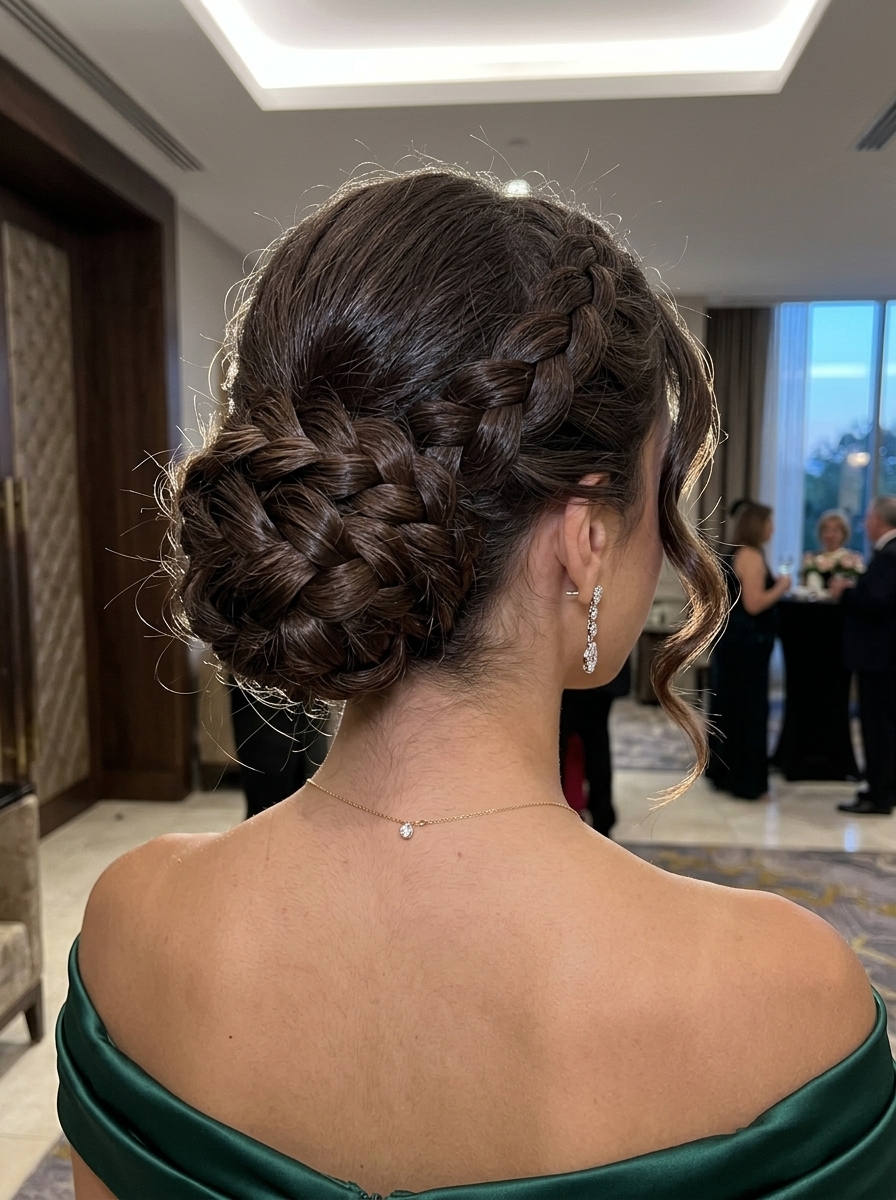 Elegant Braided Chignon Updo 2026 long espresso roast braided chignon with soft front wave for elegant