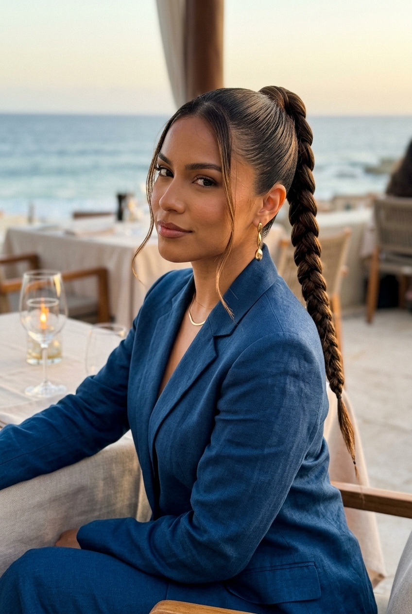 Edgy Executive Ponytail 2026 long espresso roast high ponytail with stitch braid and subtle amber lowlights for professional