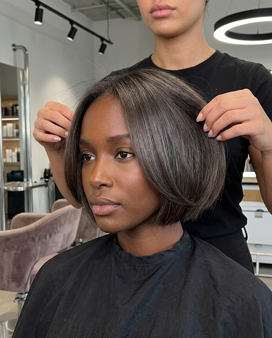 short espresso bixie haircut with cool ash undertones and blunt perimeter for professional events