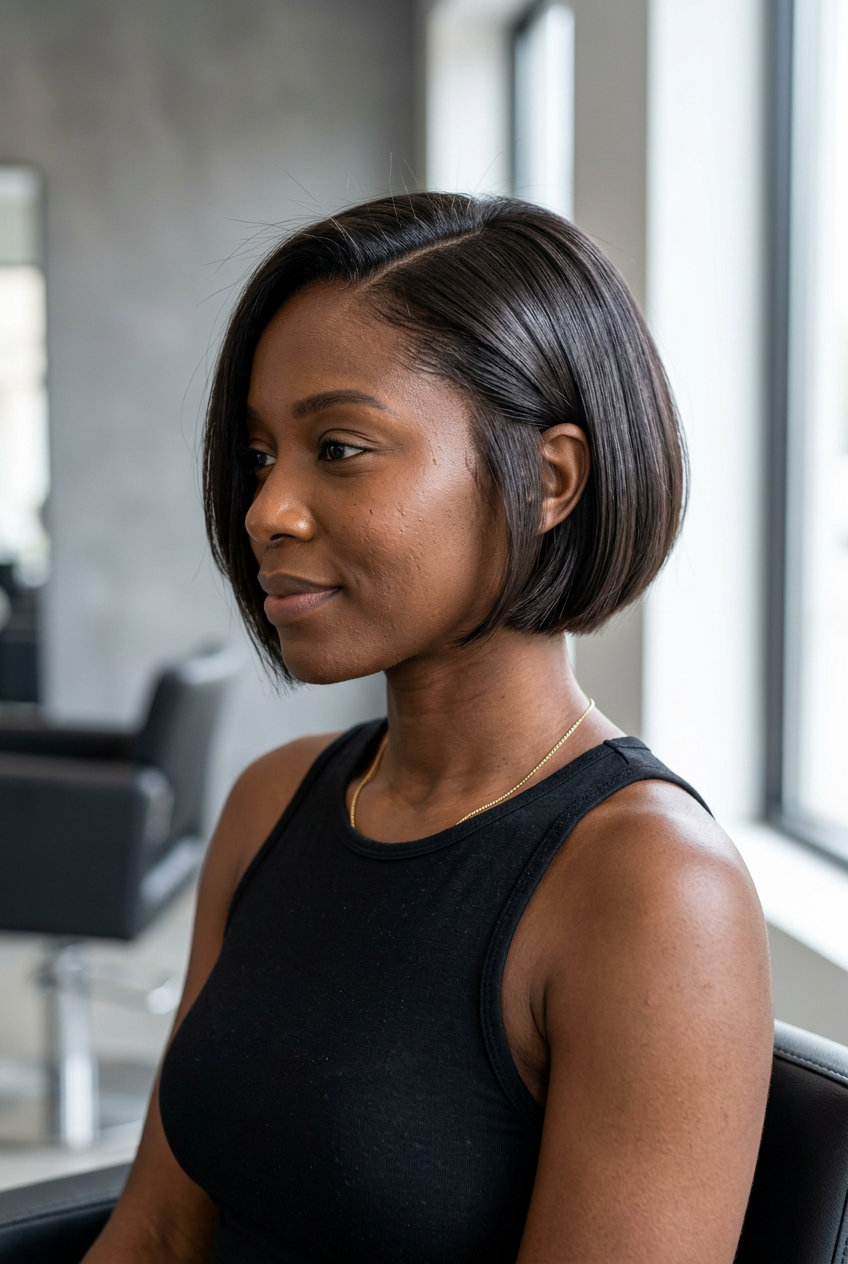 short espresso bixie haircut with cool undertones and blunt perimeter for professional events