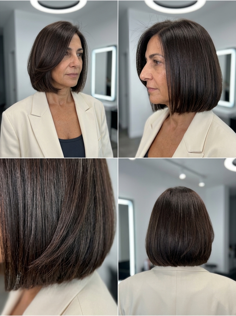 short espresso italian bob with blunt ends and high-gloss finish for date night