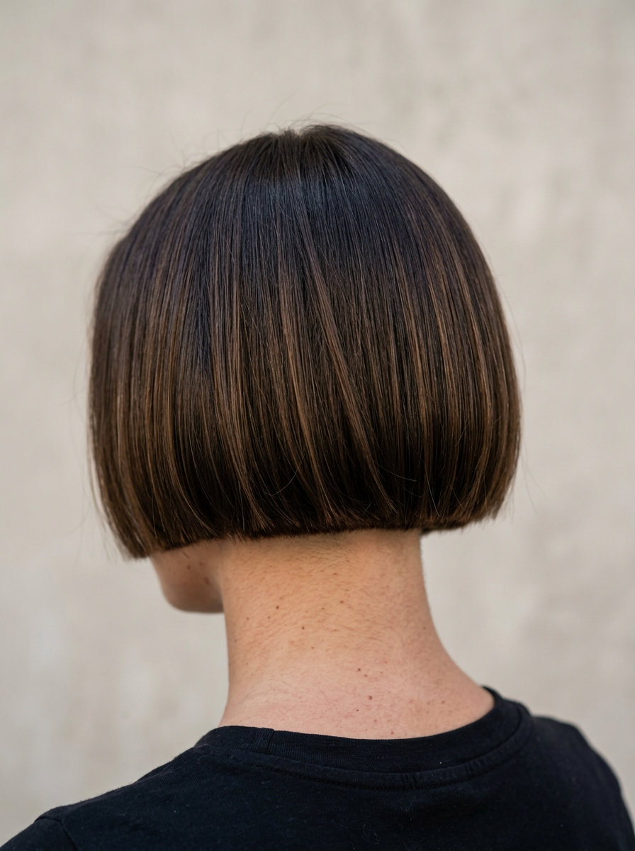 short micro bob haircut in cool espresso brunette, blunt precision cut, sharp & modern mood