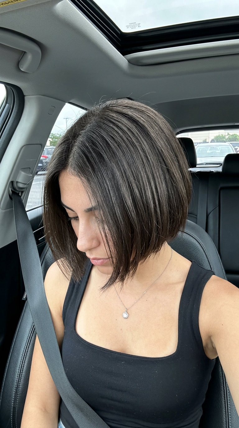 short square micro bob haircut in cool espresso with mushroom micro-lights for edgy look