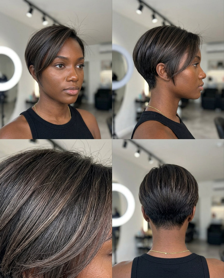 short espresso pixie with ash brown micro-lights and cool undertones — minimalist edgy style