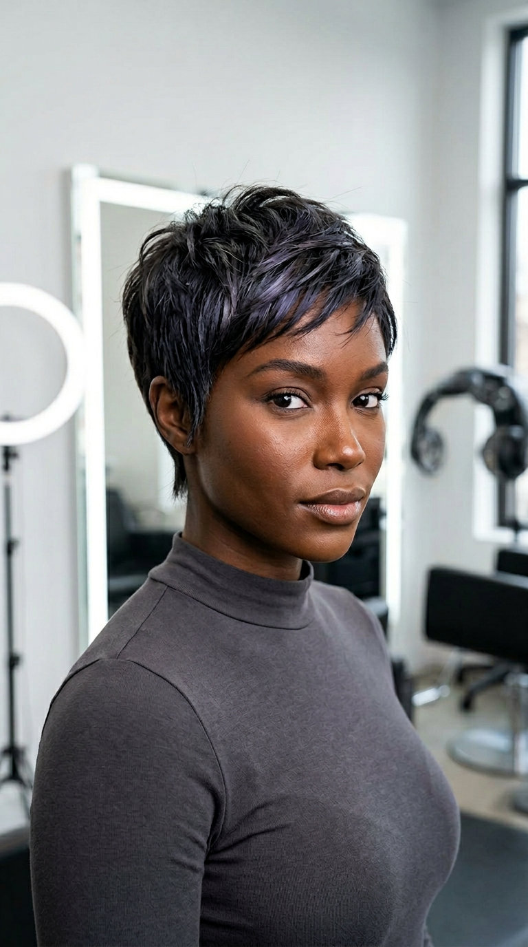 short espresso pixie crop with textured layers and charcoal undertones — edgy modern look