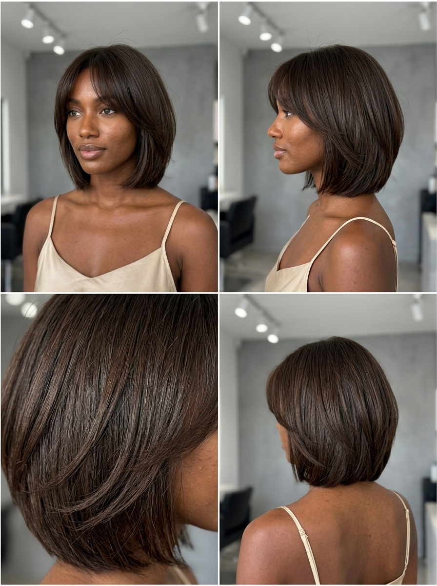 short shag haircut in deep espresso roast brunette with internal layers and wispy fringe for evening event