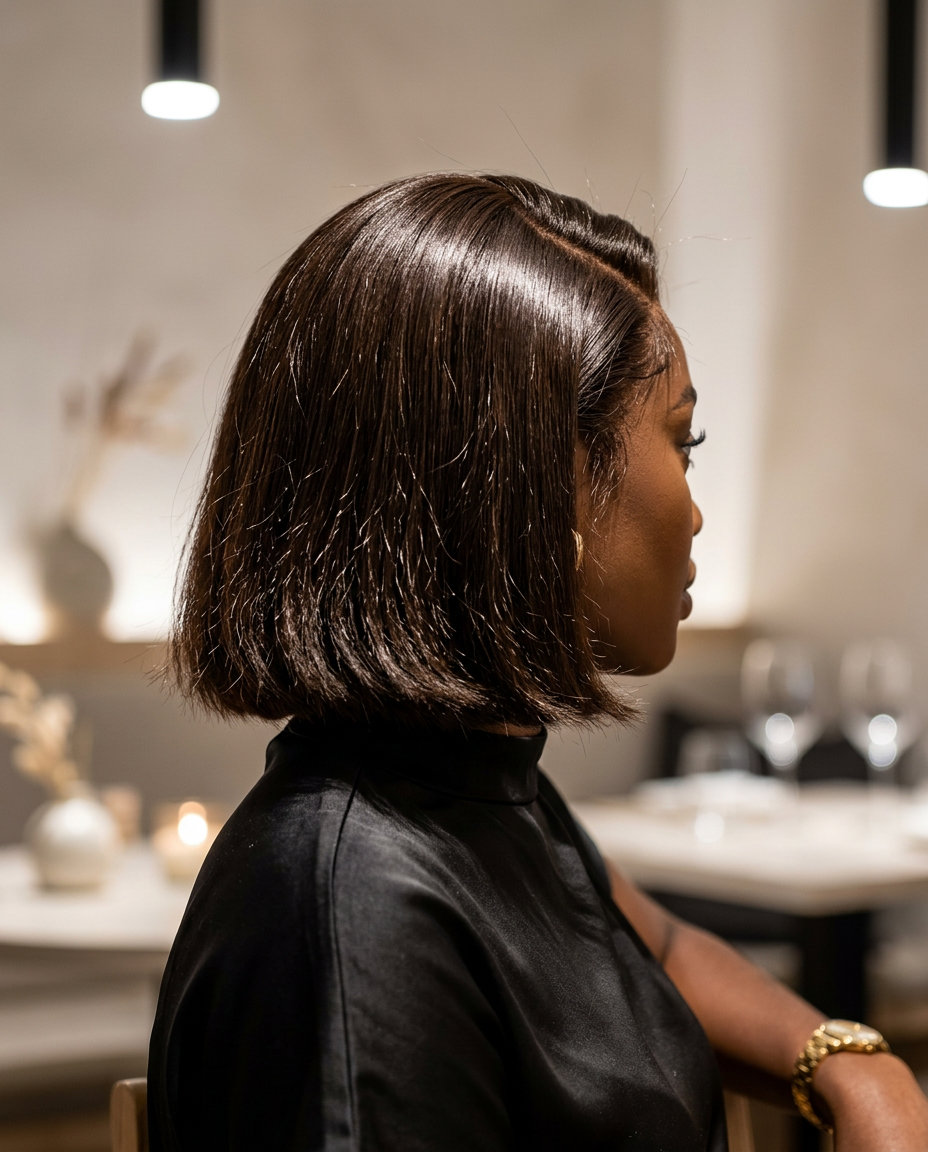 shoulder-length blunt bob rich espresso hair, invisible internal layers — chic professional style