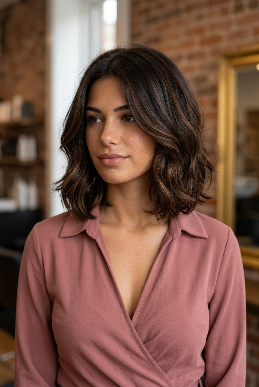 shoulder-length espresso bob with mocha ribbons and soft waves — romantic date night
