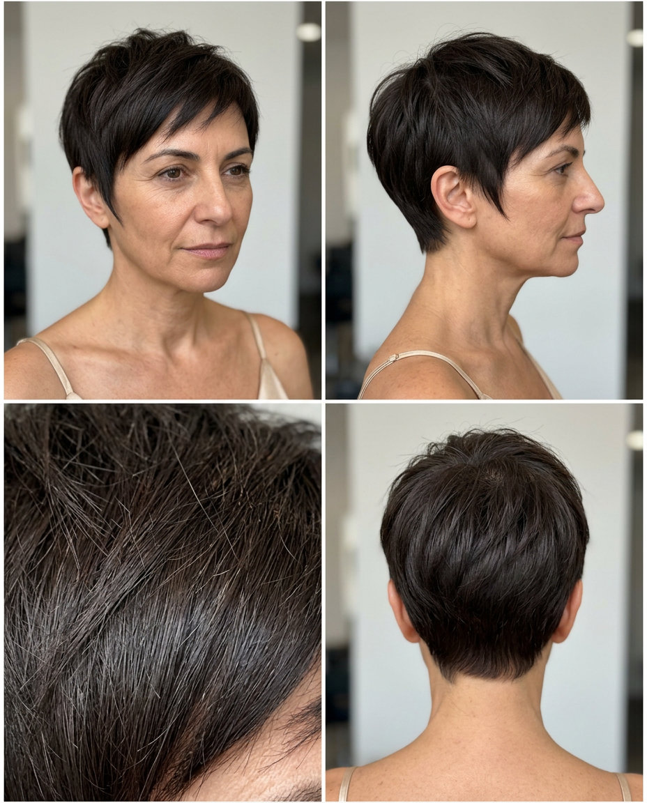 very short espresso pixie haircut with razored edges and tapered nape — minimalist summer style
