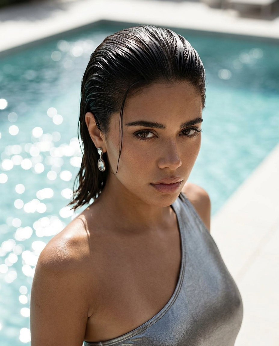 short fashion-color slicked-back wet look with high-gloss finish for night out