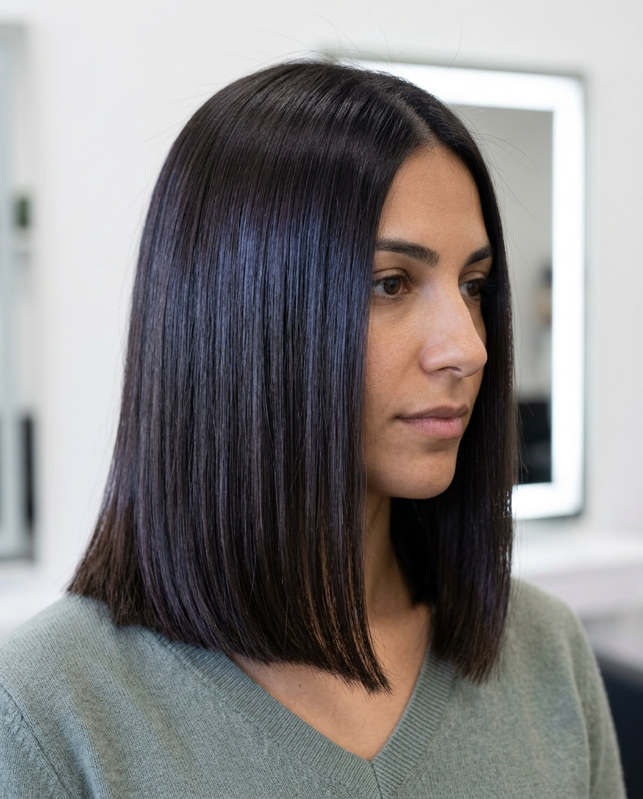 shoulder-length dimensional espresso brunette hair color with blue-violet undertones, gloss melt, blunt lob — sophisticated professional look