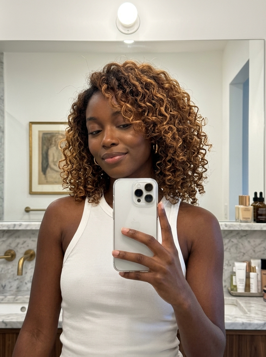 long golden amber scattered highlights with warm brown base, subtle copper-gold, and diffused blend — effortless weekend