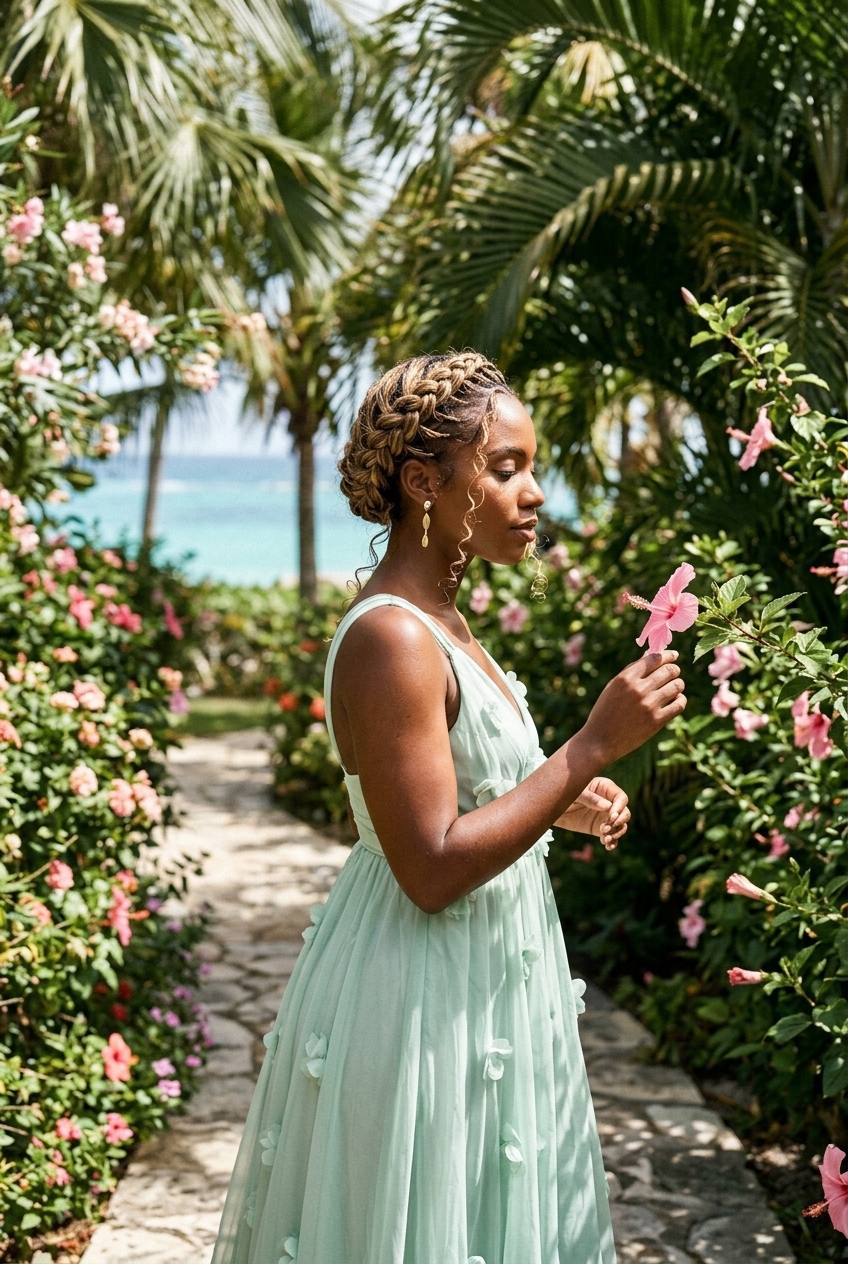 long golden blonde braided crown with sun-kissed highlights for summer wedding guest