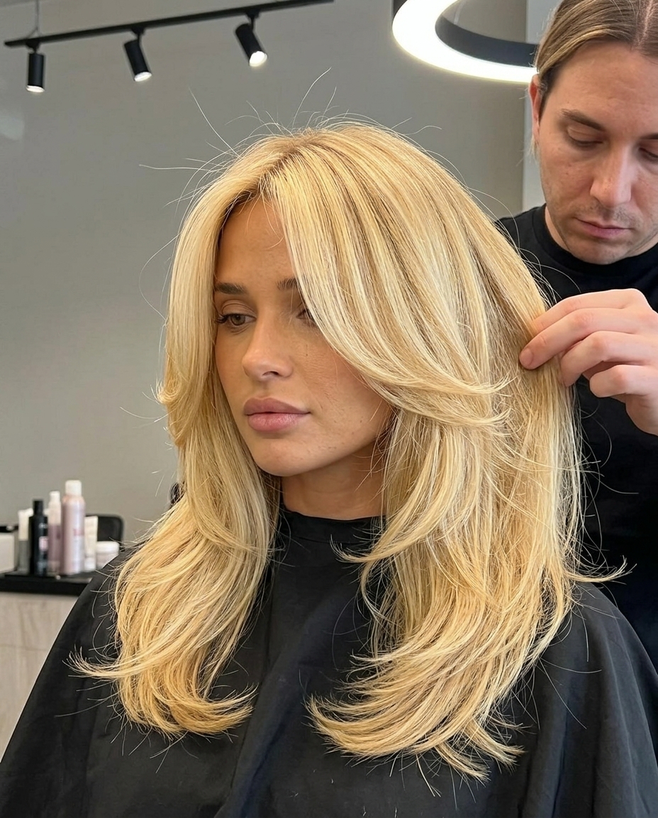 long butterfly cut in bright golden blonde with babylights for glamorous look