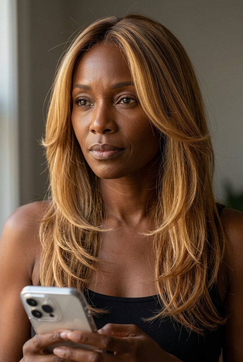 long layered haircut with warm golden blonde balayage, hand-painted highlights, face-framing layers — beachy weekend