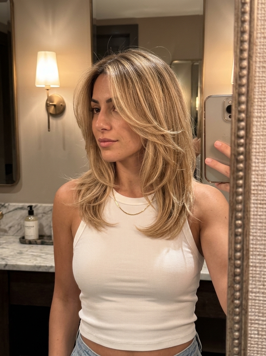 medium golden blonde butterfly haircut with babylights, layered cut — effortless weekend look