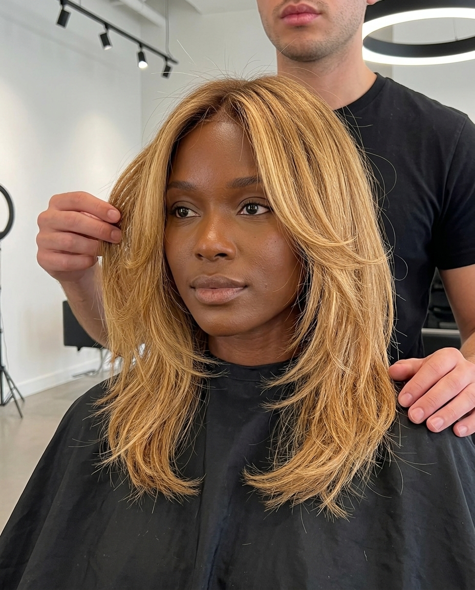 medium shag haircut in golden blonde balayage with face-framing layers for summer