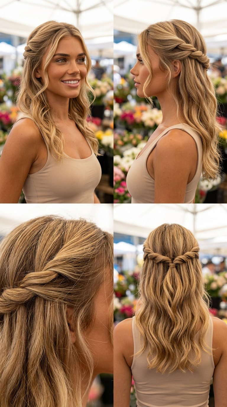 medium golden blonde twisted half-up with natural honey tones for brunch
