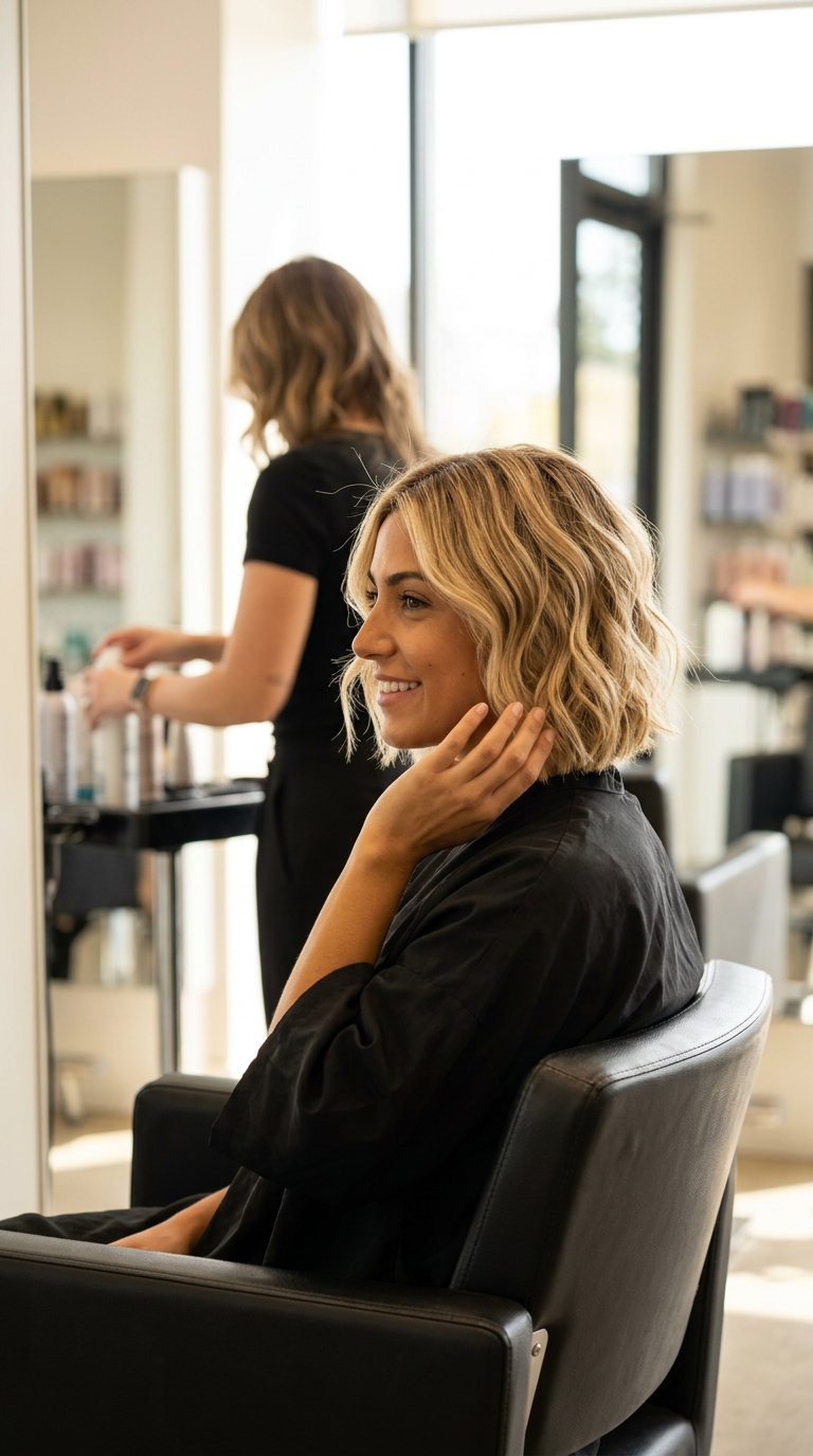 short french bob haircut in golden blonde with honey babylights, soft wispy face-framing pieces, no bangs — playful