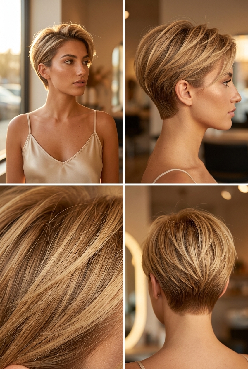 short golden blonde pixie haircut with babylights, tapered sides, no bangs for effortless confidence