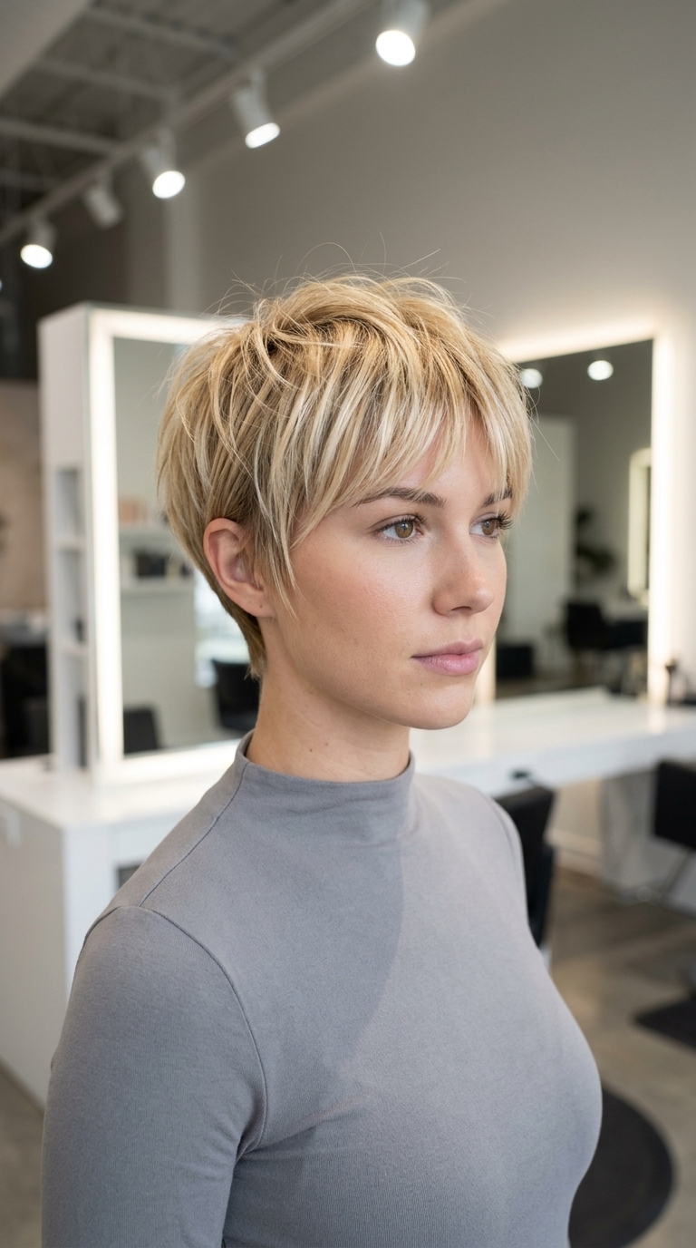 short razored pixie haircut in bright golden blonde with babylights for edgy look