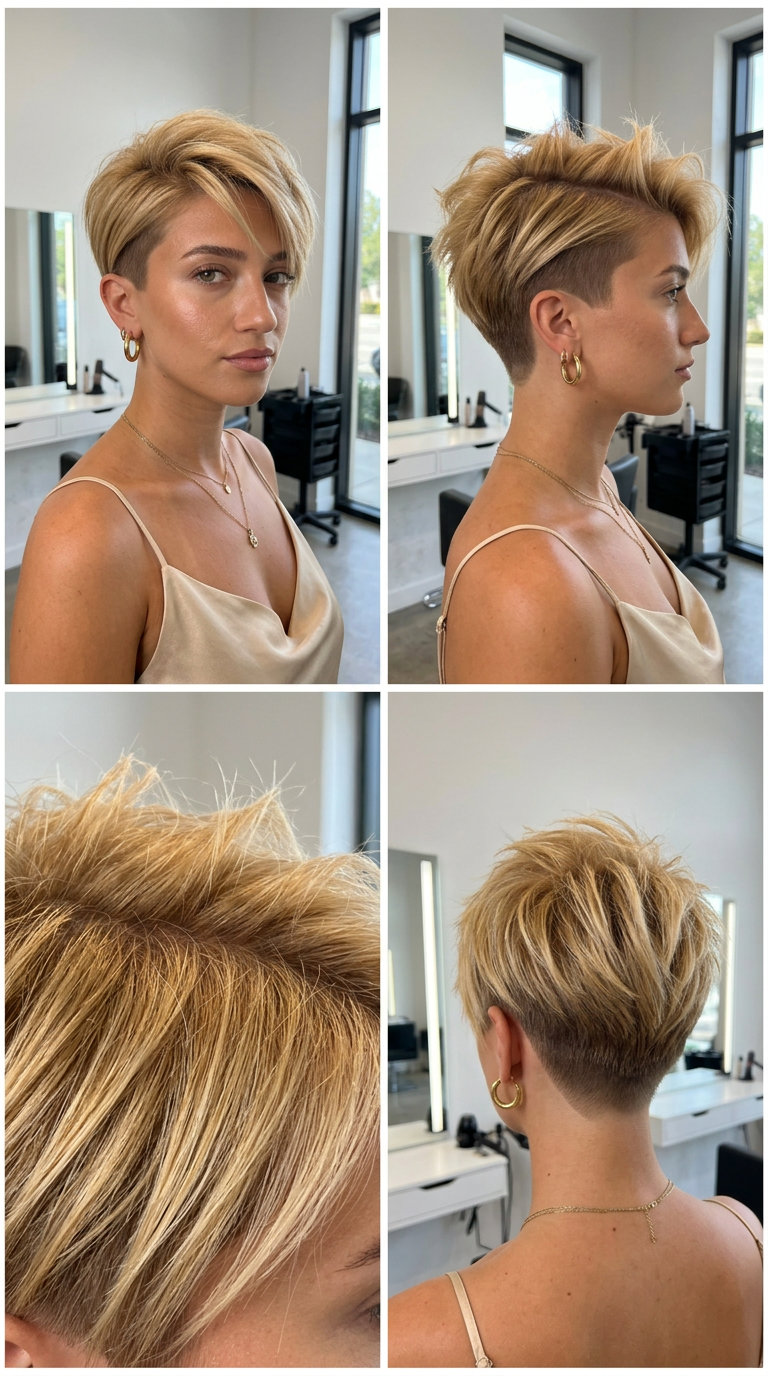 short golden blonde pixie haircut with sharp undercut, point-cut texture, swept-up front for modern edge