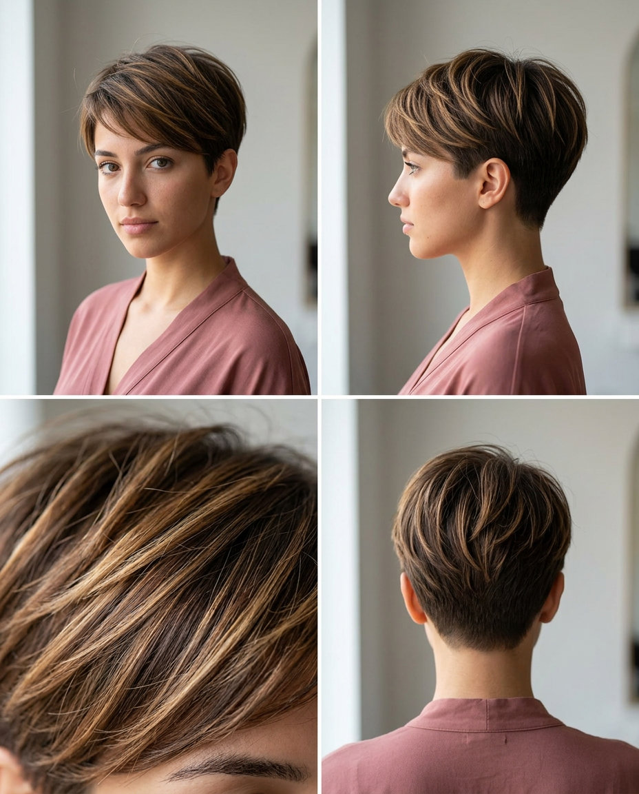 short pixie haircut with golden caramel babylights for summer brunch