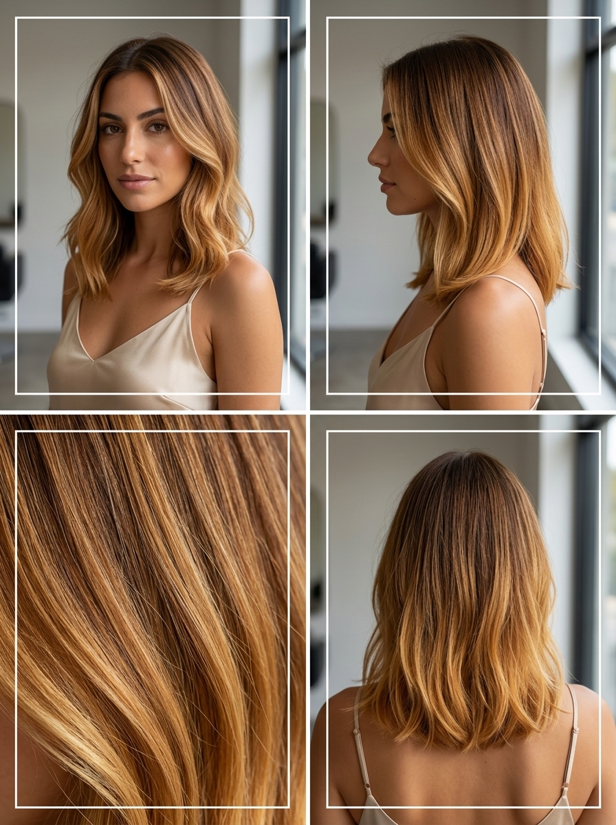 long golden honey blonde ombre with warm brown root, balayage for summer