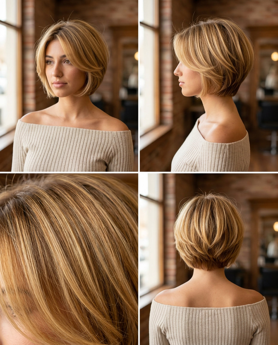 short bixie haircut with golden honey blonde, butterscotch highlights, side-swept fringe for summer