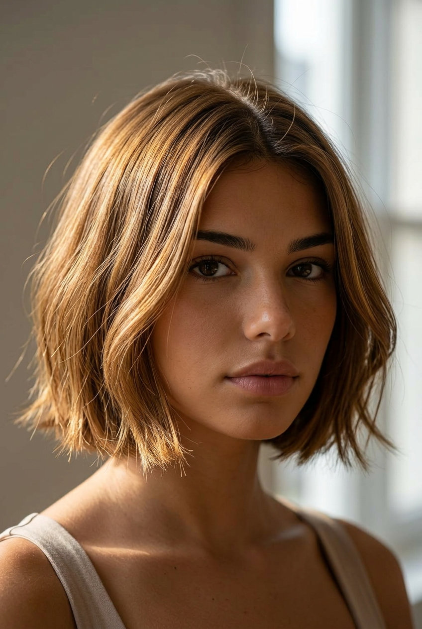short golden syrup brunette micro bob with caramel undertones, point-cut ends — radiant
