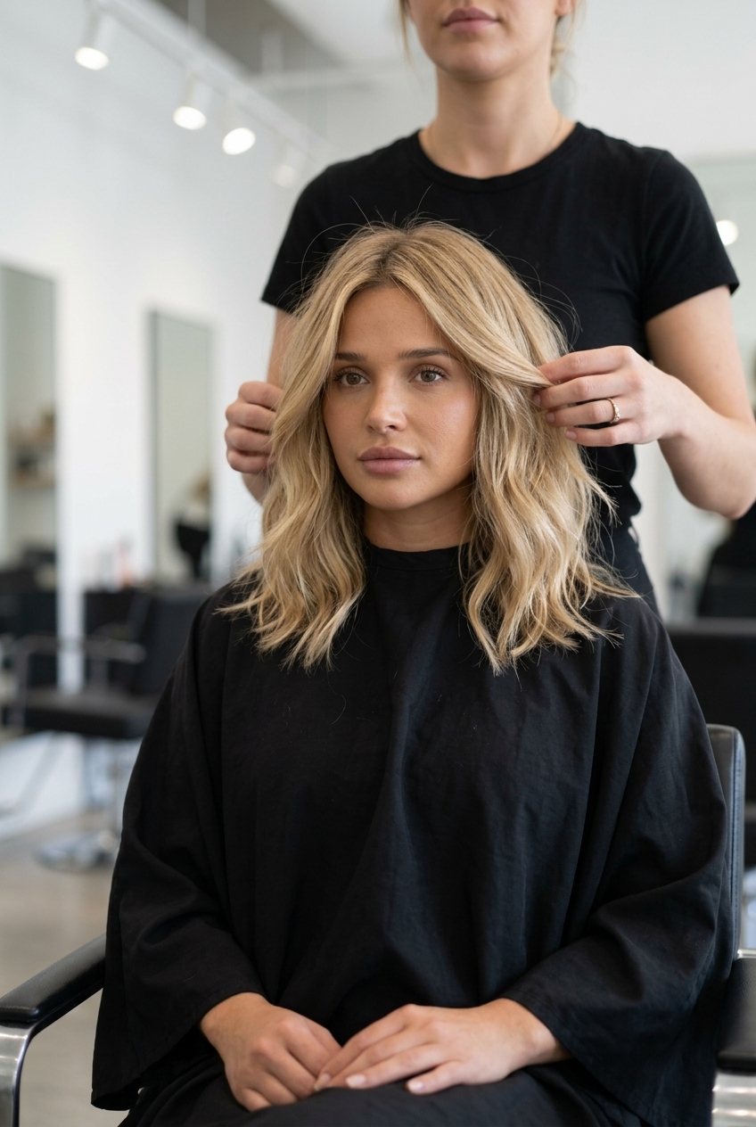 collarbone length lob haircut in golden wheat blonde with babylights for effortless style