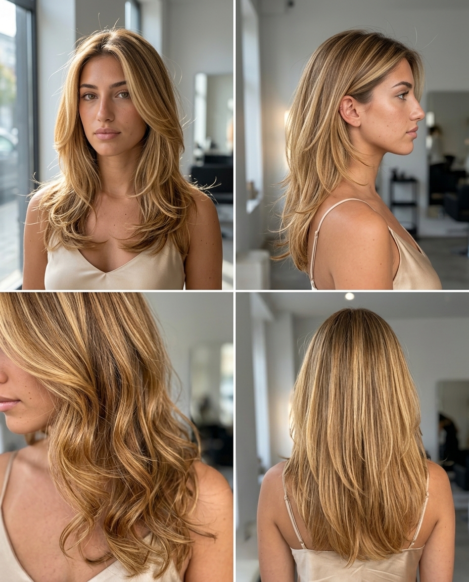 medium-long golden wheat hair with Pintura highlights, layered curls for natural radiance