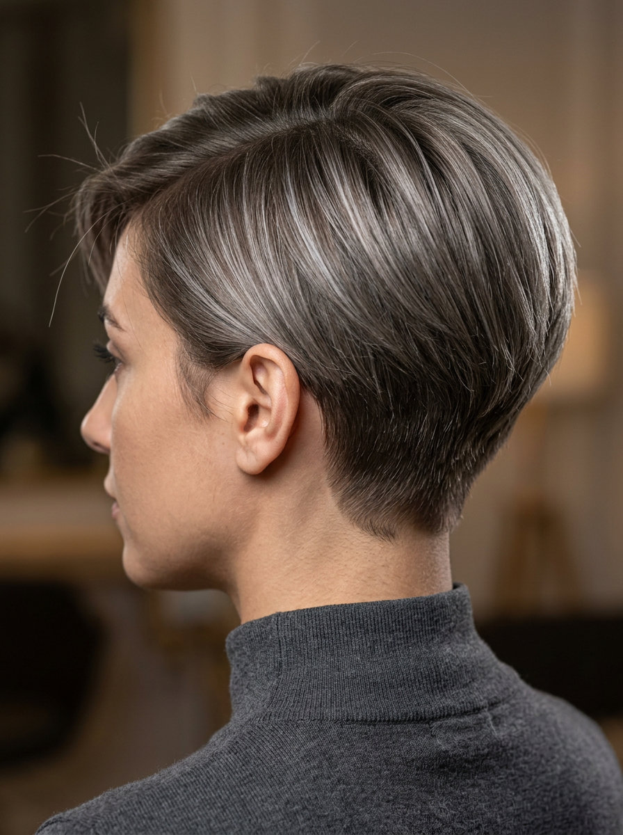 very short pixie haircut in cool grey-brown with silver babylights and swept fringe for sophisticated style